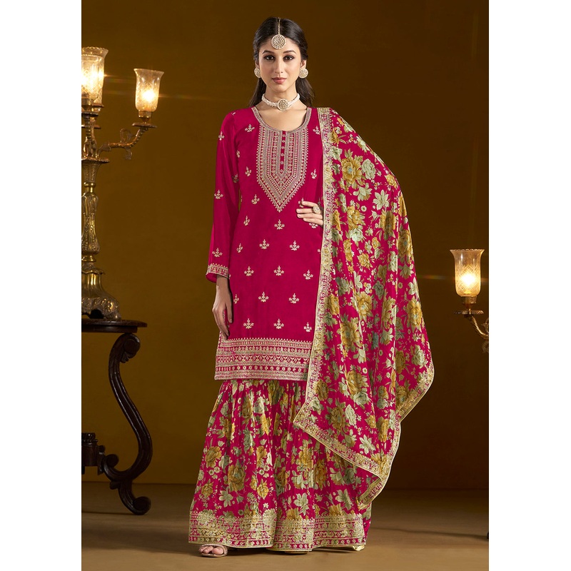 Traditional Pink Embroidered Chinnon Festive Gharara Suit
