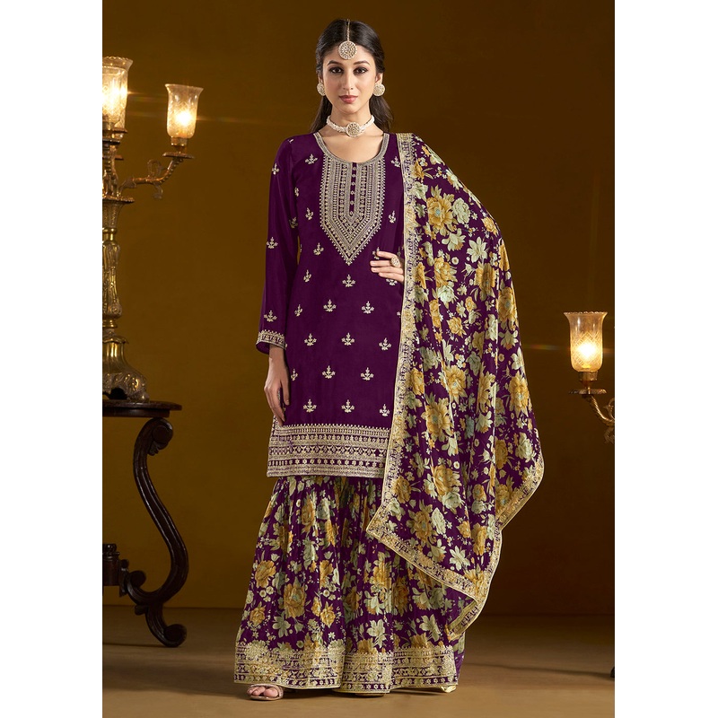 Traditional Purple Embroidered Chinnon Festive Gharara Suit