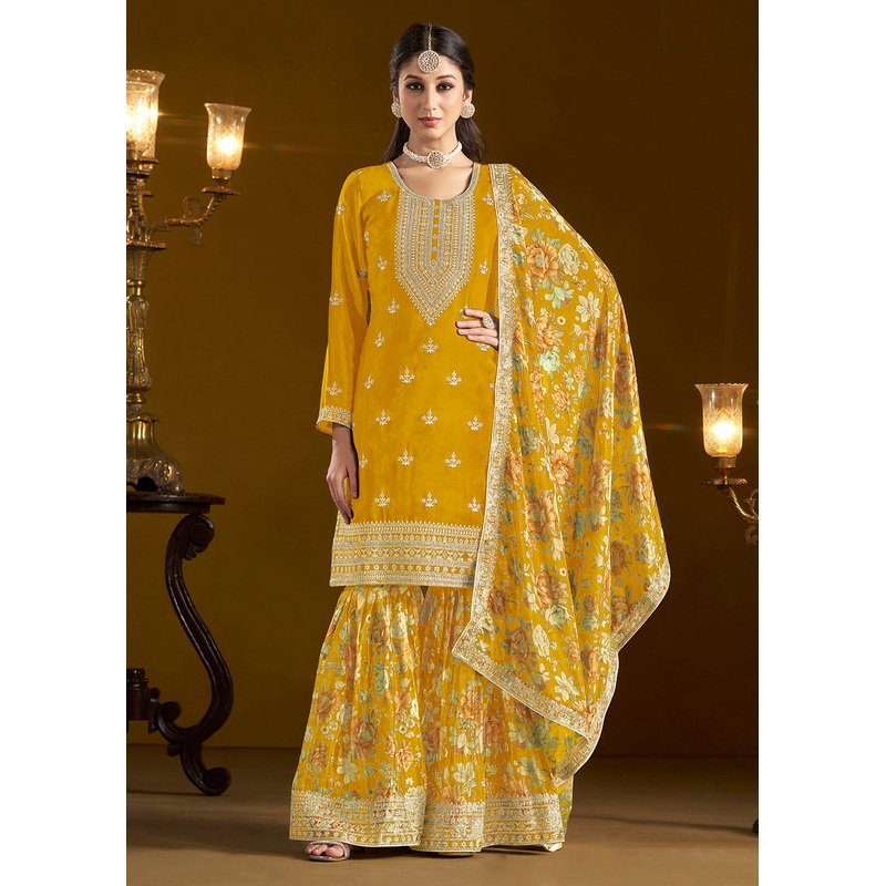 Traditional Yellow Embroidered Chinnon Festive Gharara Suit
