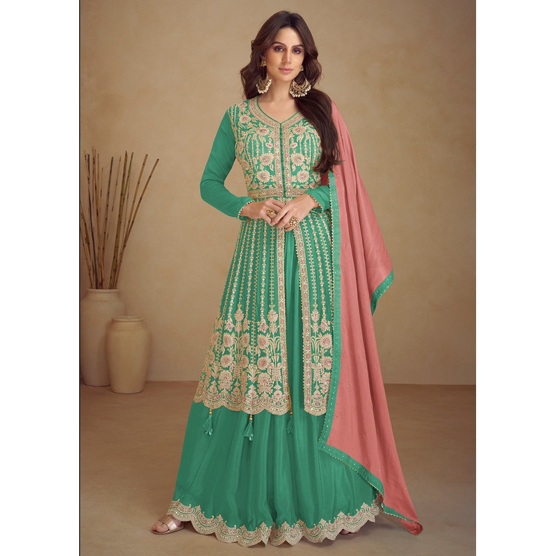 Trendy Green Embroidered Anarkali Style Palazzo Suit