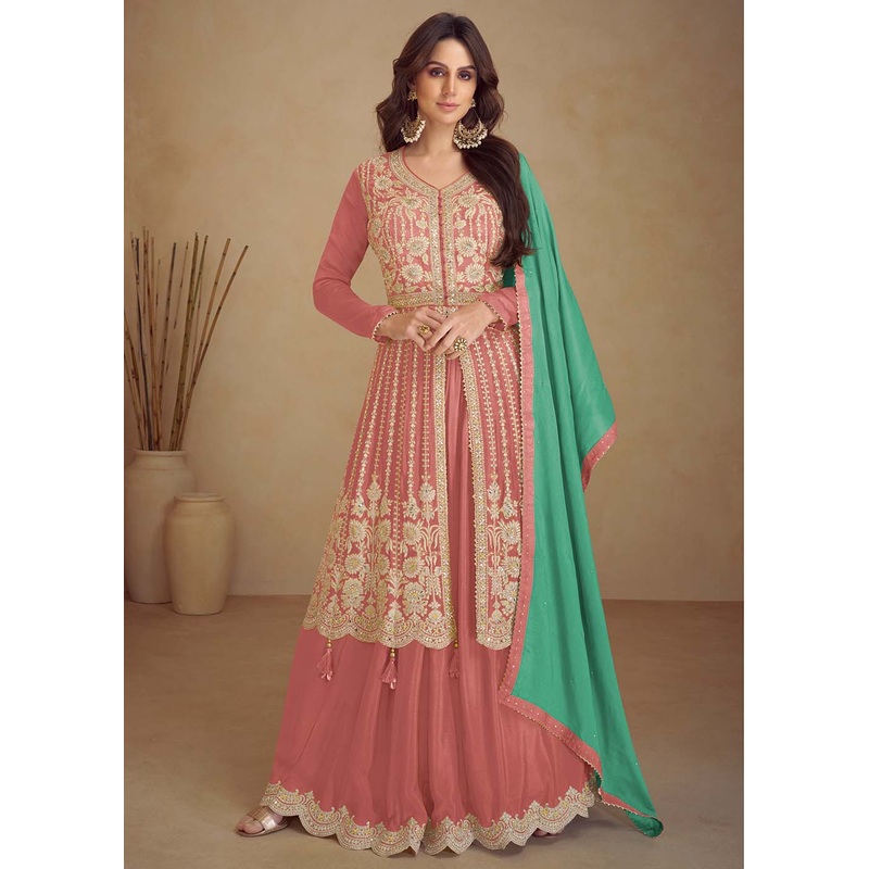Trendy Peach Embroidered Anarkali Style Palazzo Suit
