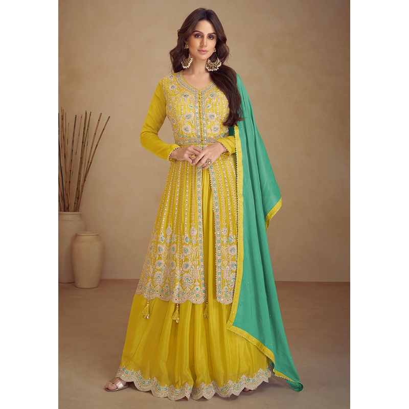 Trendy Yellow Embroidered Anarkali Style Palazzo Suit