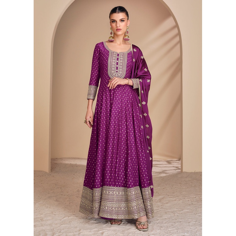 Violet Viscose Jacquard Silk Festive Anarkali Suit