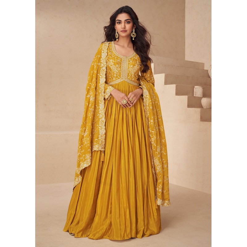 Yellow Embroidered Chinnon Festive Anarkali Dress
