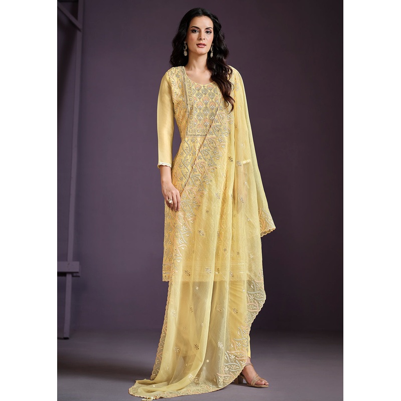Yellow Lucknowi Embroidered Chiffon Festive Salwar Suit