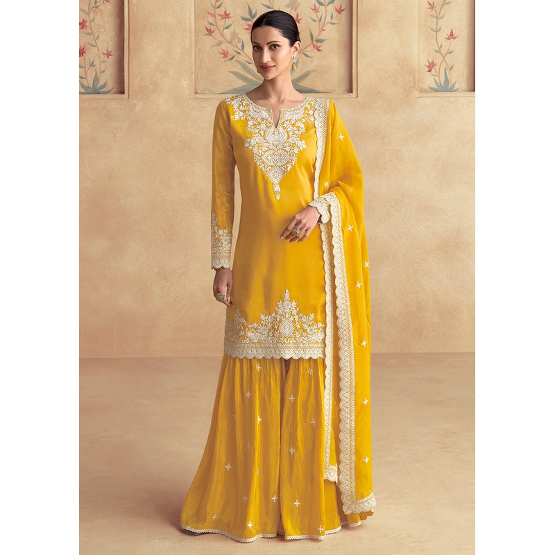 Yellow Silk Embroidered Festive Gharara Suit