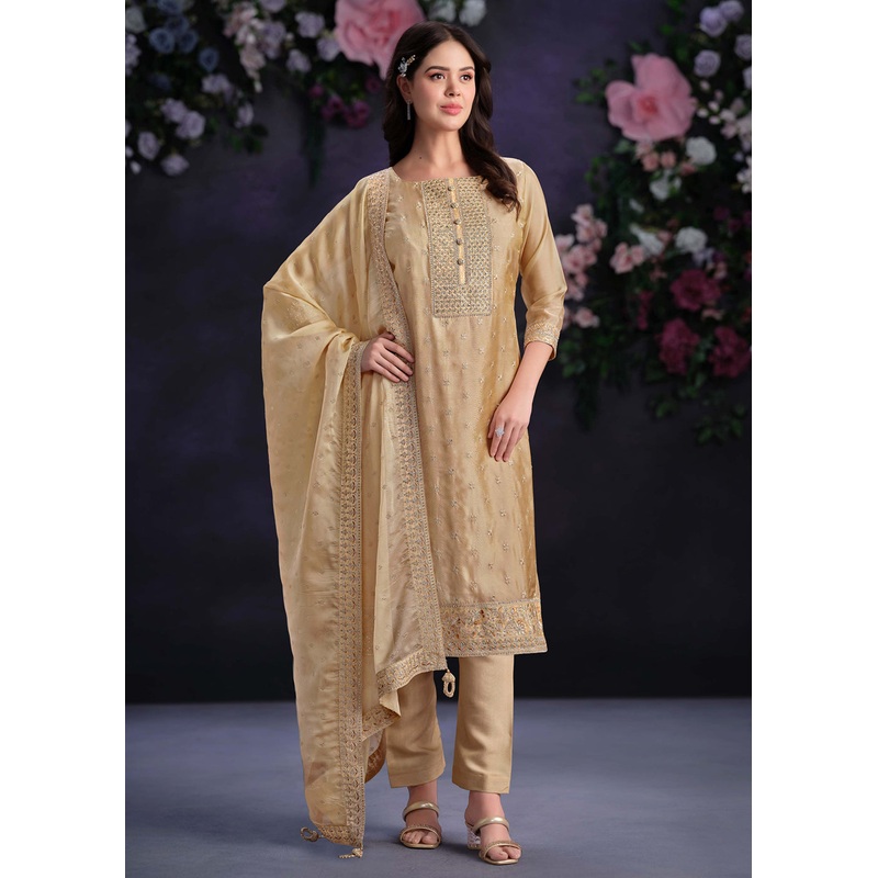Zarkan Embroidered Beige Organza Pant Style Suit