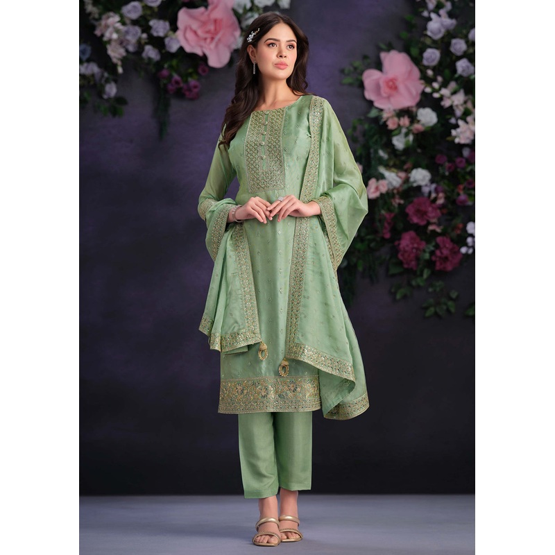 Zarkan Embroidered Green Organza Pant Style Suit