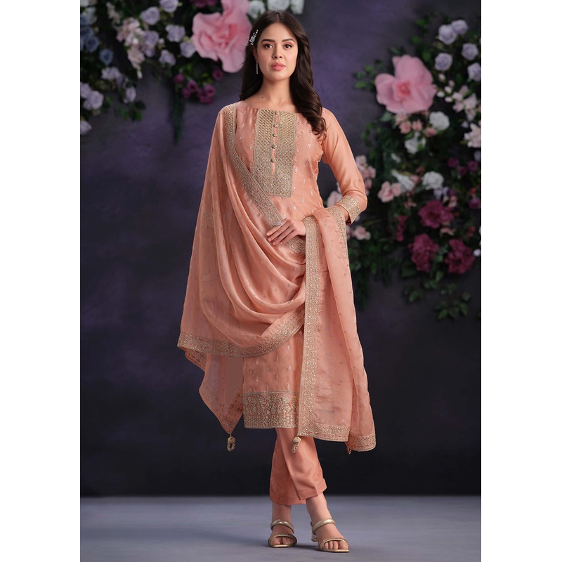 Zarkan Embroidered Peach Organza Pant Style Suit