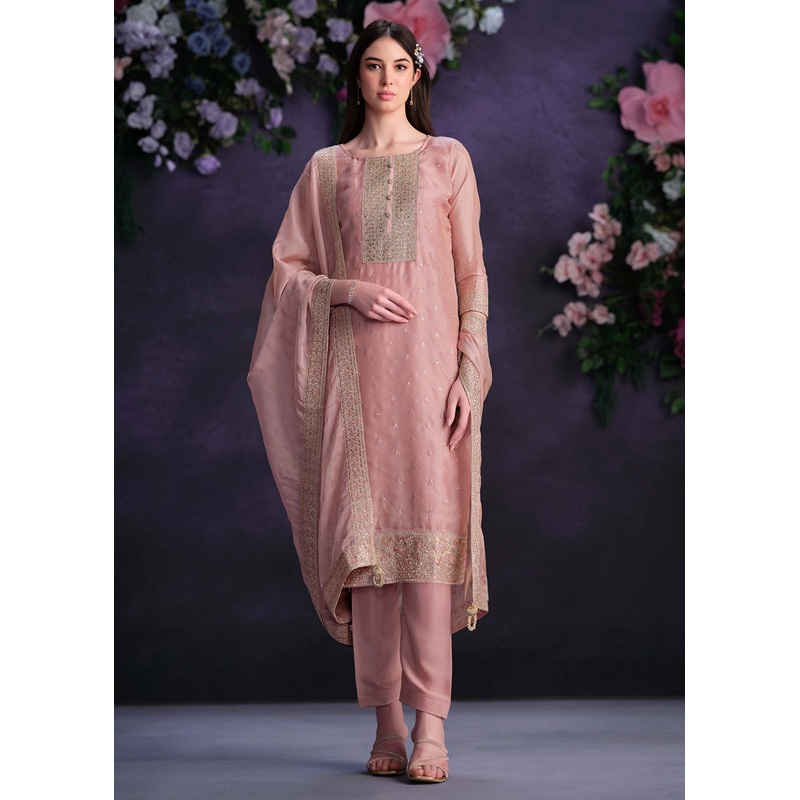 Zarkan Embroidered Pink Organza Pant Style Suit