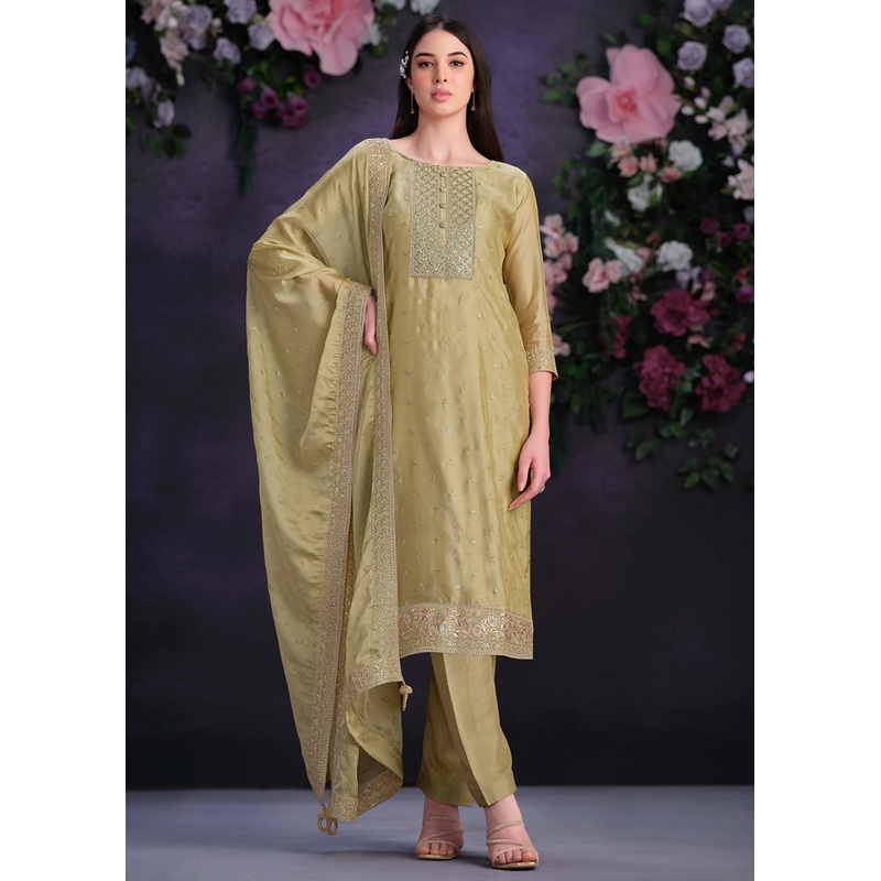 Zarkan Embroidered Yellow Organza Pant Style Suit