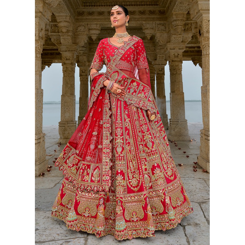 Allure Red Silk Embroidered Bridal Wear Lehenga Choli