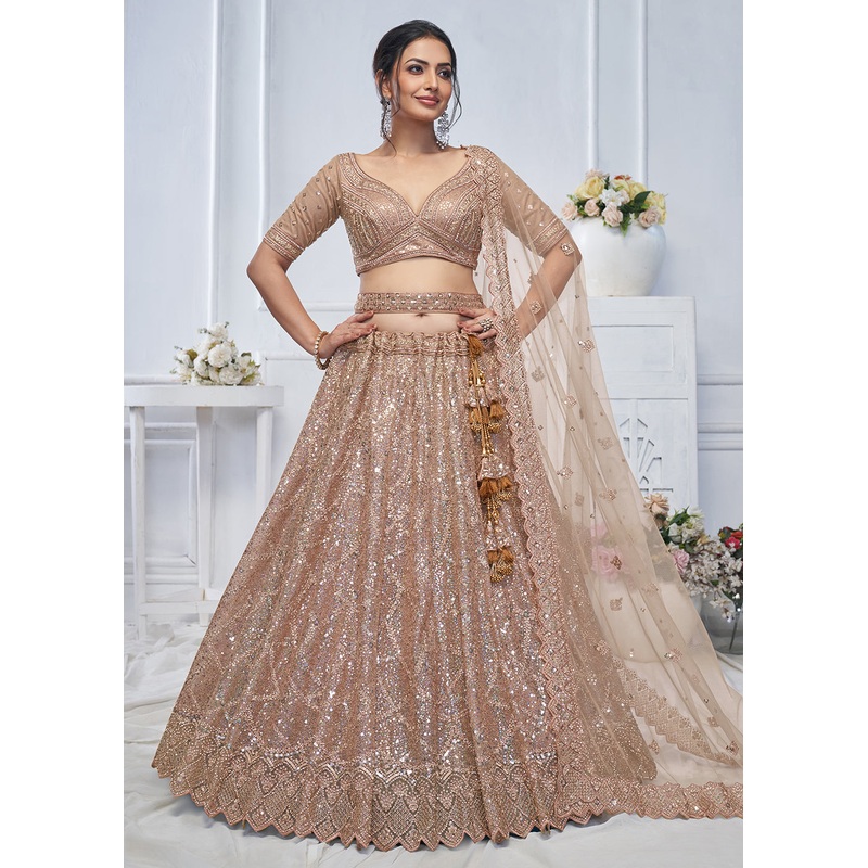 Alluring Brown Heavy Embroidered Bridesmaids Lehenga Choli
