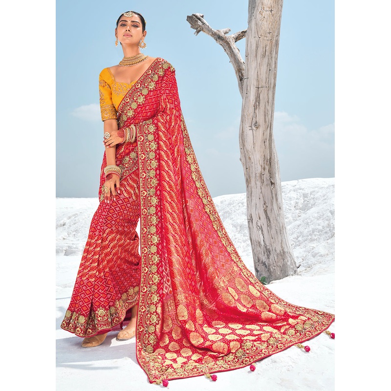 Amazing Red Georgette Wedding Bandhani Patola Saree