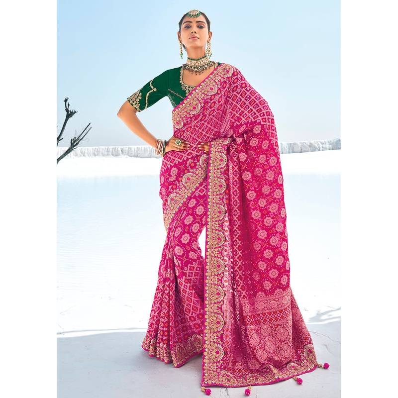 Attractive Rani Georgette Wedding Bandhani Patola Saree