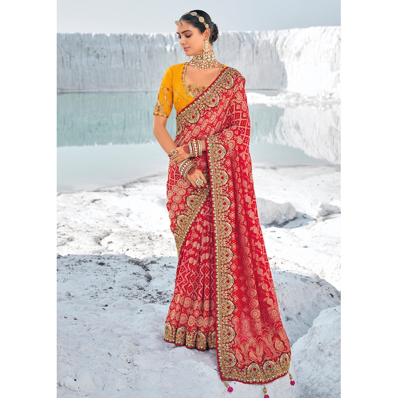 Beautiful Red Georgette Wedding Bandhani Patola Saree