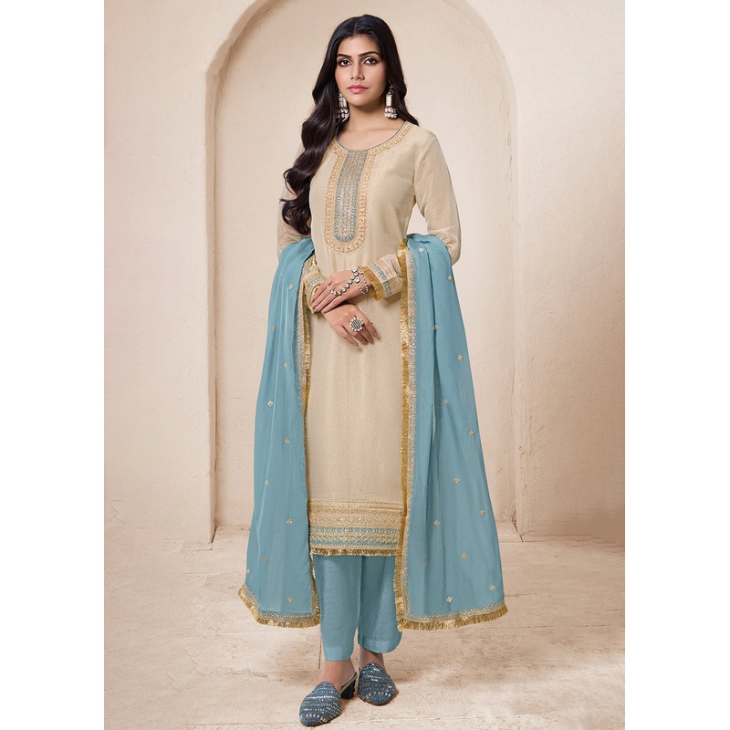 Beige & Blue Viscose Organza Embroidered Salwar Suit