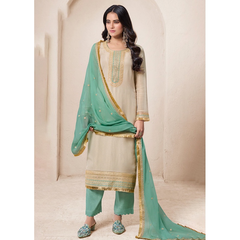 Beige & Green Viscose Organza Embroidered Salwar Suit