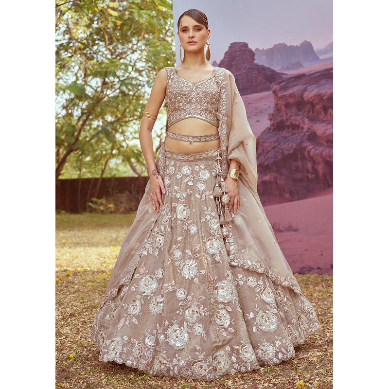 Beige Organza Multi Sequins Designer Lehenga Choli