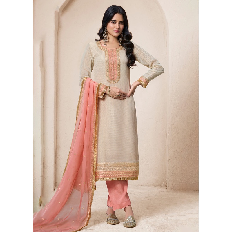 Beige & Peach Viscose Organza Embroidered Salwar Suit
