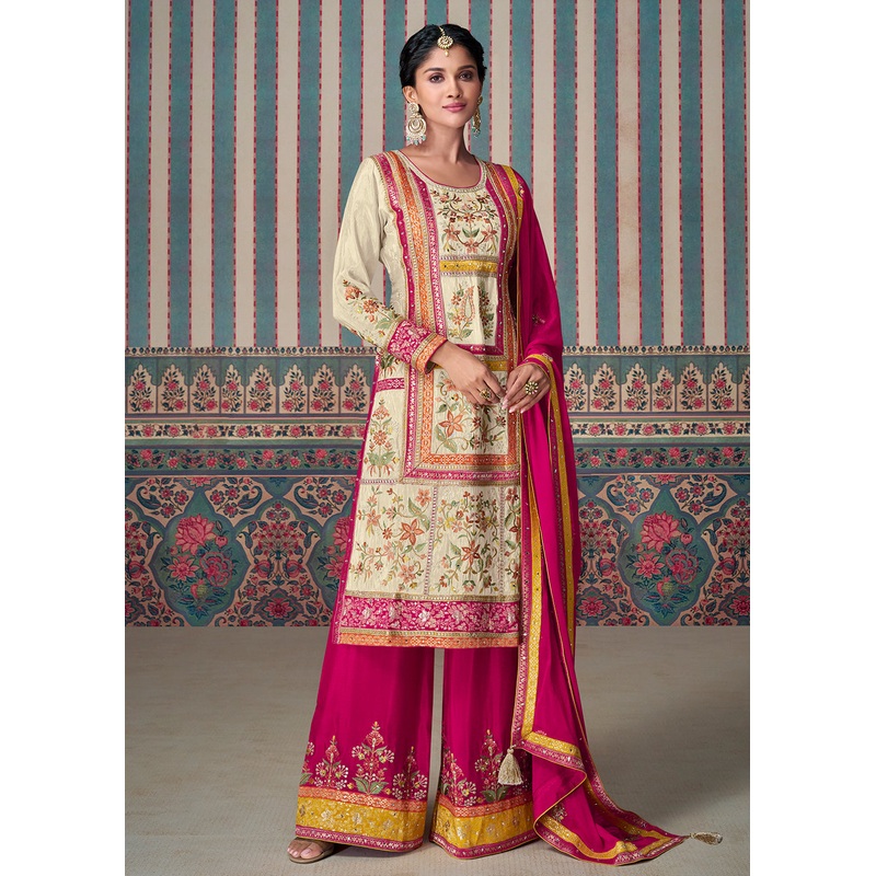 Beige & Pink All Over Lace Embroidered Palazzo Suit
