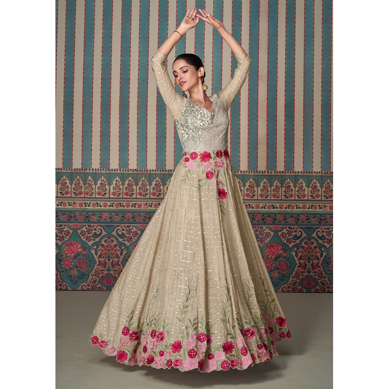 Beige Silk Embroidered Wedding Festive Anarkali Gown