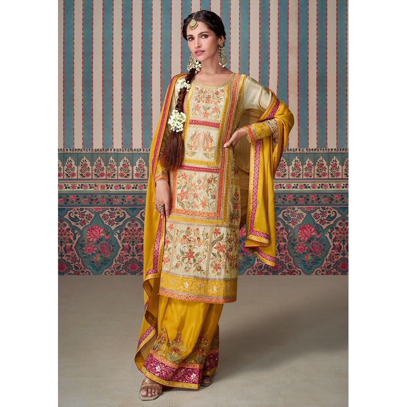 Beige & Yellow All Over Lace Embroidered Palazzo Suit