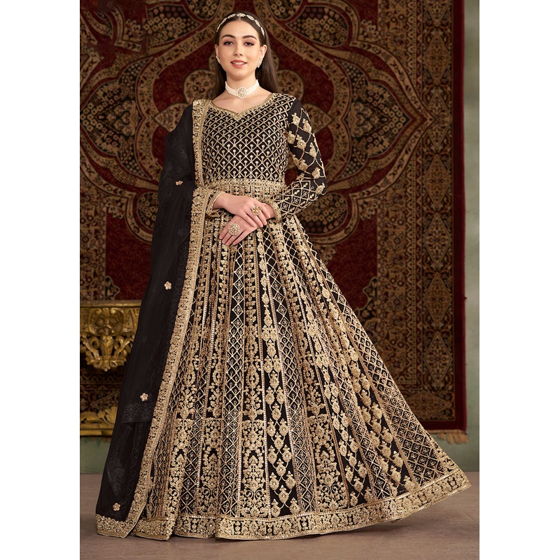 Black All Over Embroidered Net Wedding Anarkali Gown