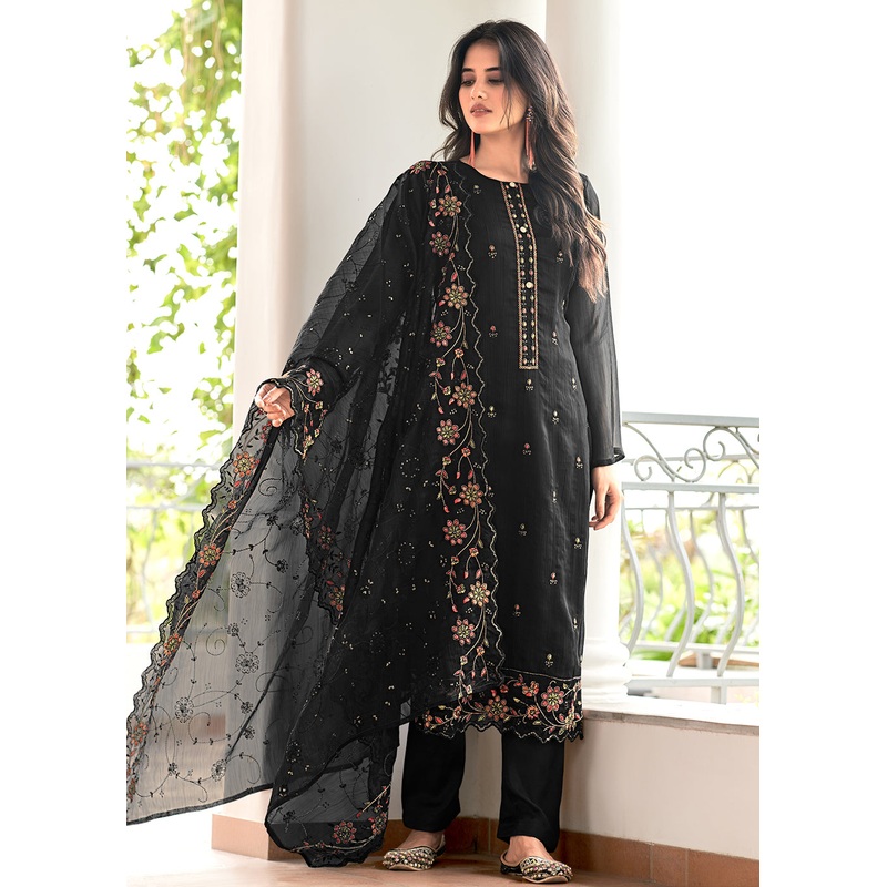 Black Embroidered Organza Chiffon Festive Salwar Suit