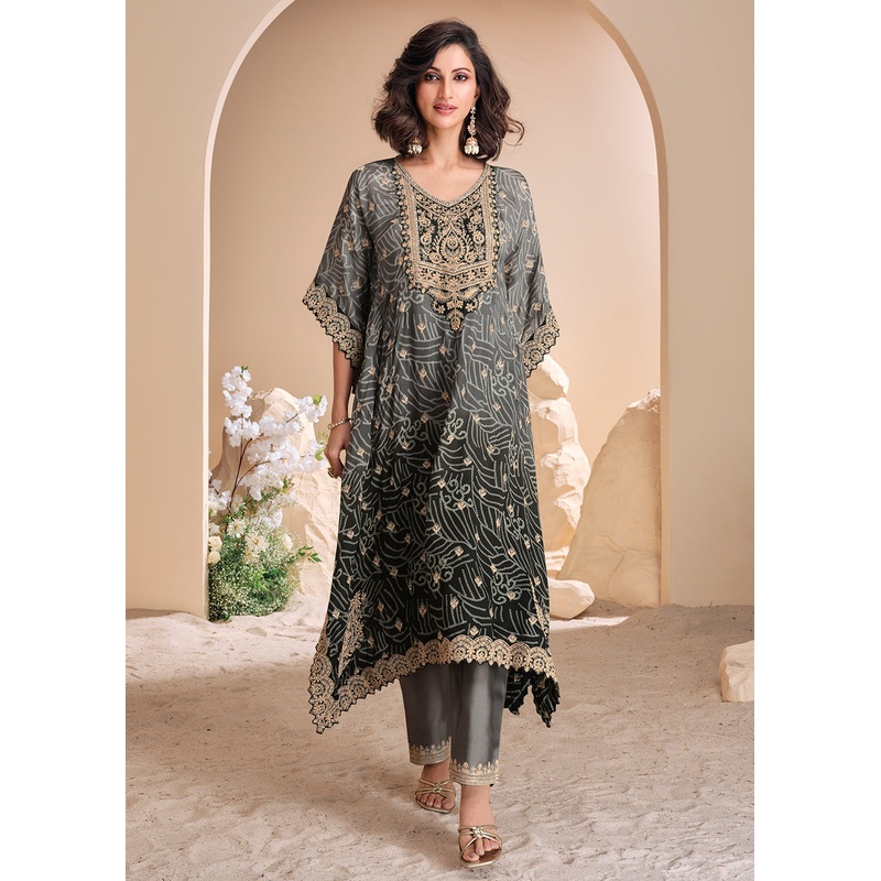Black & Grey Ombre Pant Style Hand Embellished Kaftan Style Dress