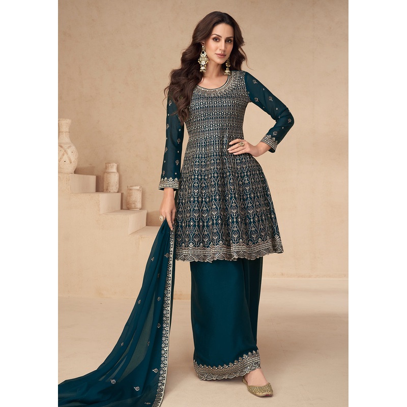 Blue Designer Style Embroidered Palazzo Style Dress