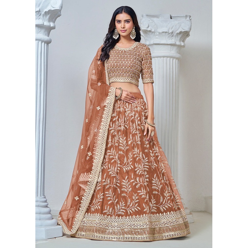 Brown Net Embroidered Wedding Festive Lehenga Choli