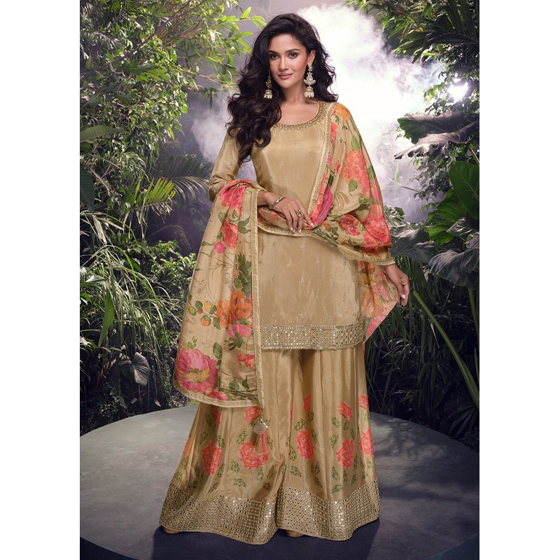 Brown Silk Embroidered Wedding Wear Palazzo Suit