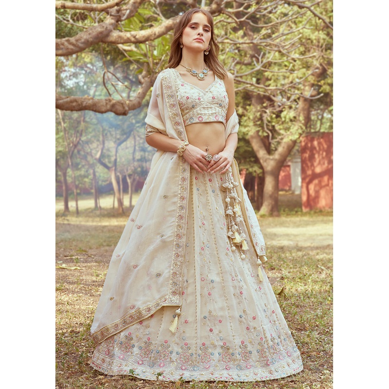 Cream Hand Work Embroidered Wedding Lehenga Choli