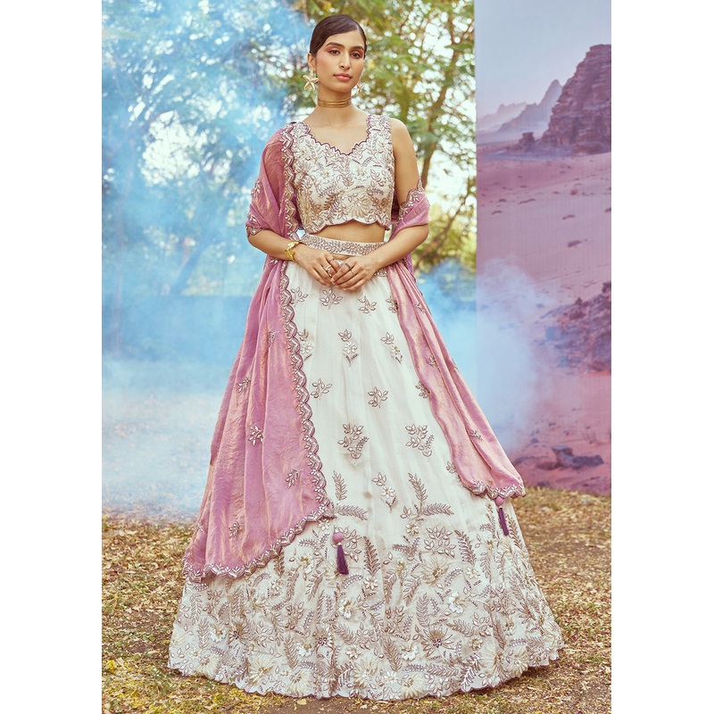 Cream & Purple Viscose Embroidered Designer Lehenga Choli