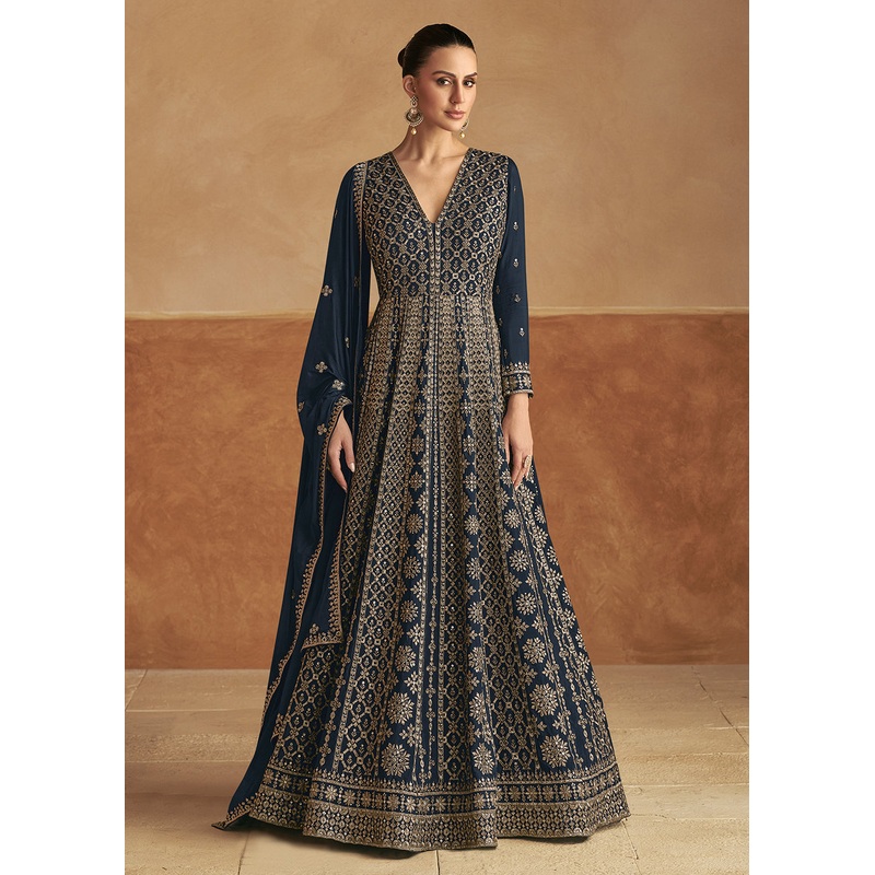 Dark Blue Front & Back Embroidery Wedding Anarkali Suit