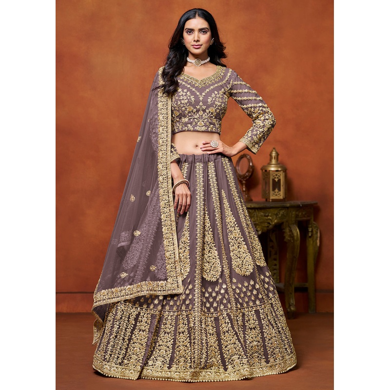 Dusty Purple Net Embroidered Festive Lehenga Choli