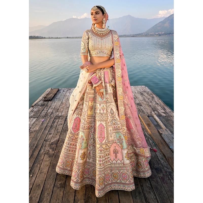 Elegant Ivory Silk Embroidered Bridal Wear Lehenga Choli