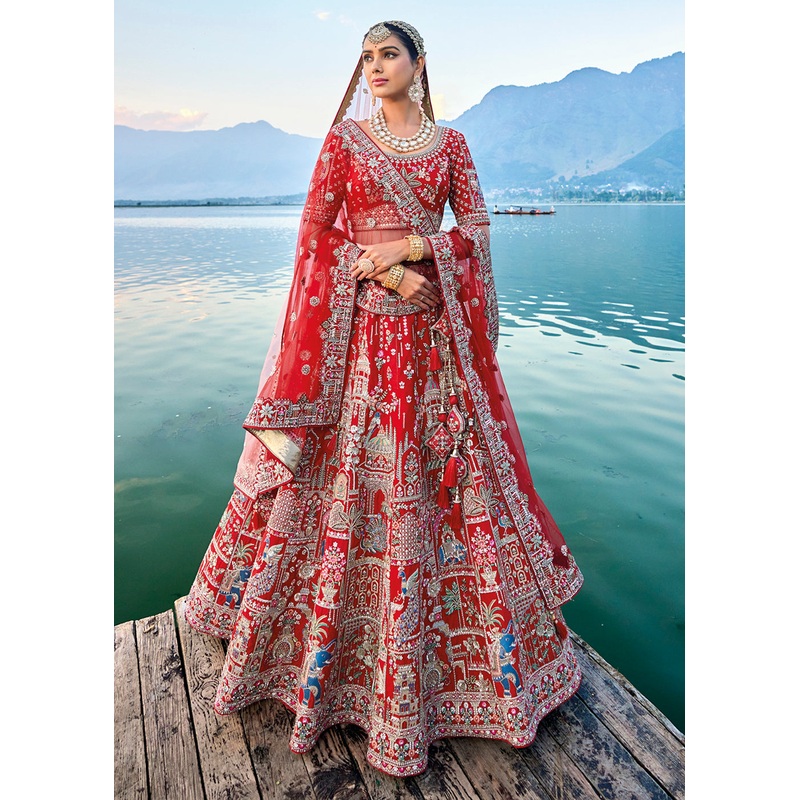 Elegant Red Silk Embroidered Bridal Wear Lehenga Choli