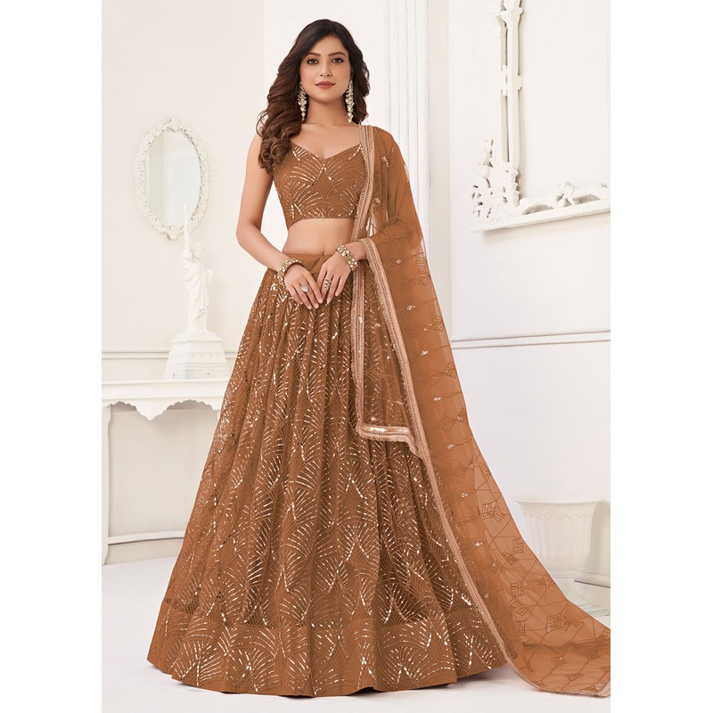 Embroidered Net Brown Sangeet & Wedding Wear Lehenga Choli