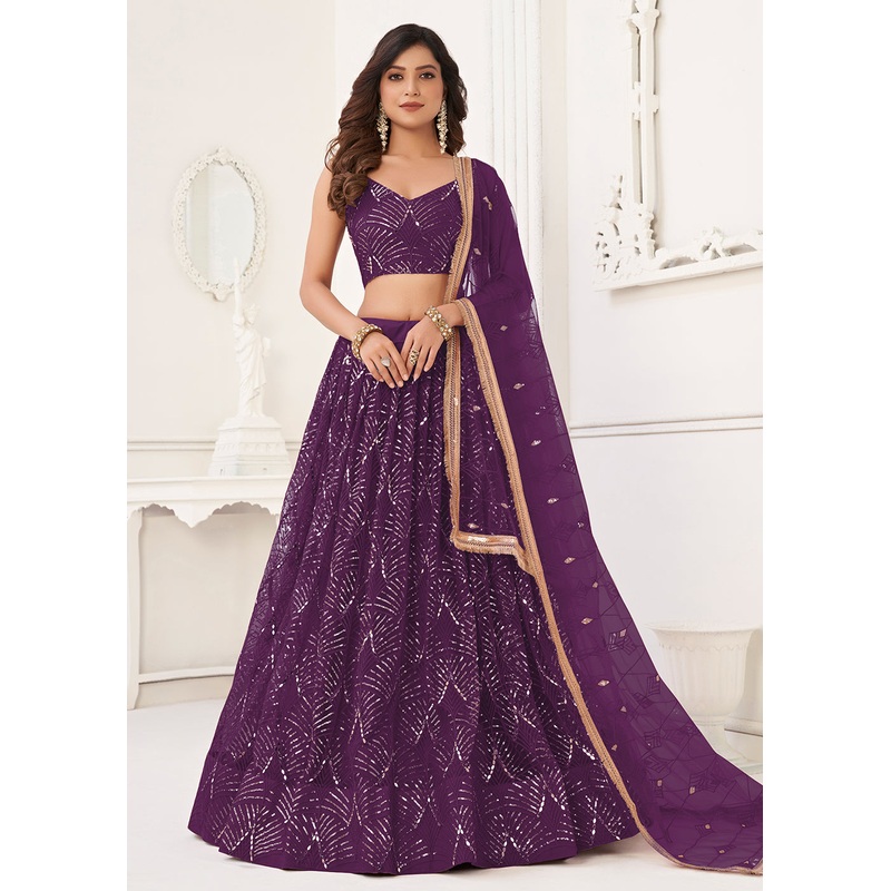 Embroidered Net Dark Purple Sangeet & Wedding Wear Lehenga Choli