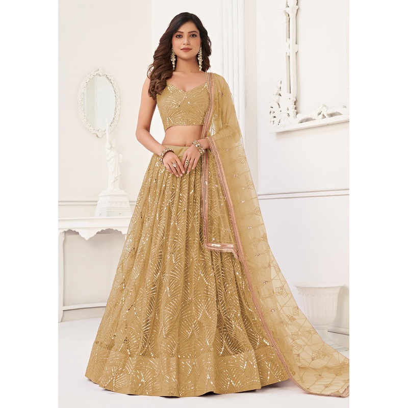 Embroidered Net Gold Beige Sangeet & Wedding Wear Lehenga Choli