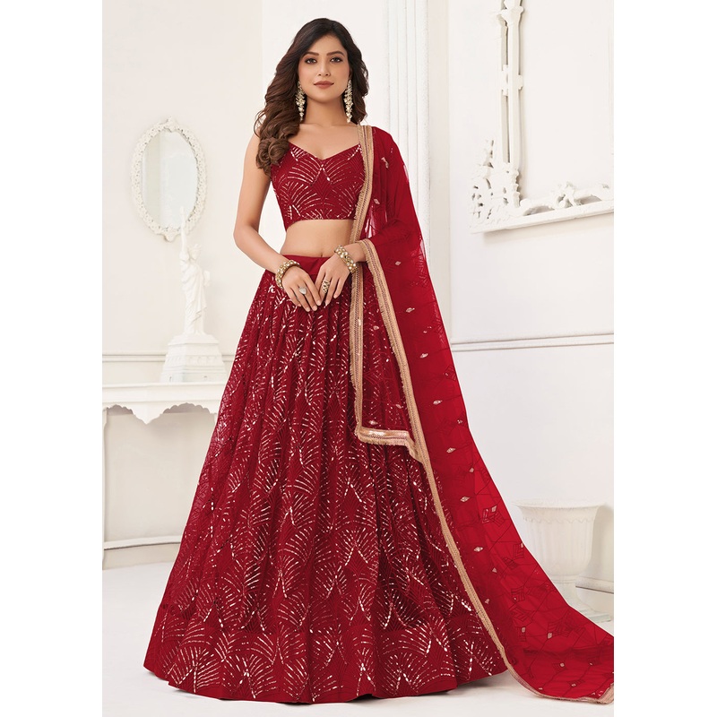 Embroidered Net Ruby Red Sangeet & Wedding Wear Lehenga Choli