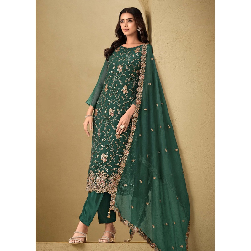 Embroidered Sequins Dark Green Organza Pant Style Suit