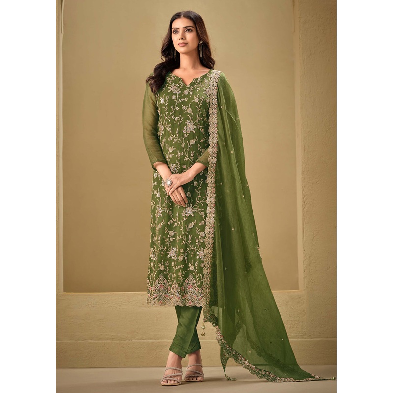 Embroidered Sequins Green Organza Pant Style Suit