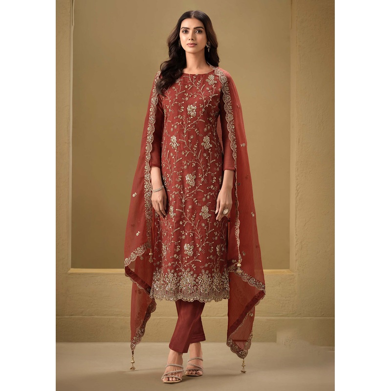 Embroidered Sequins Rust Organza Pant Style Suit
