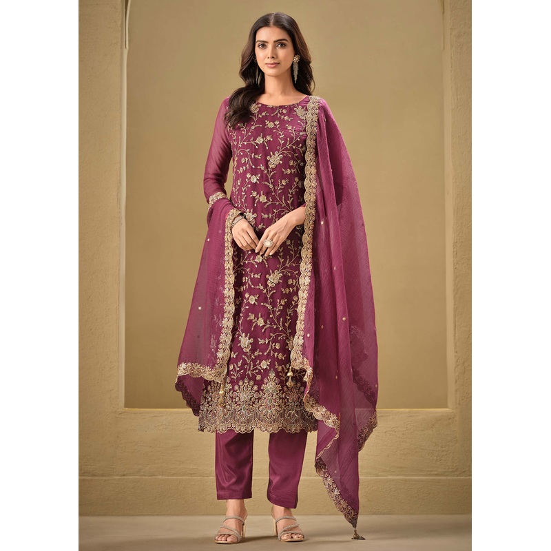 Embroidered Sequins Wine Organza Pant Style Suit