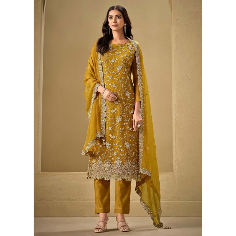 Embroidered Sequins Yellow Organza Pant Style Suit