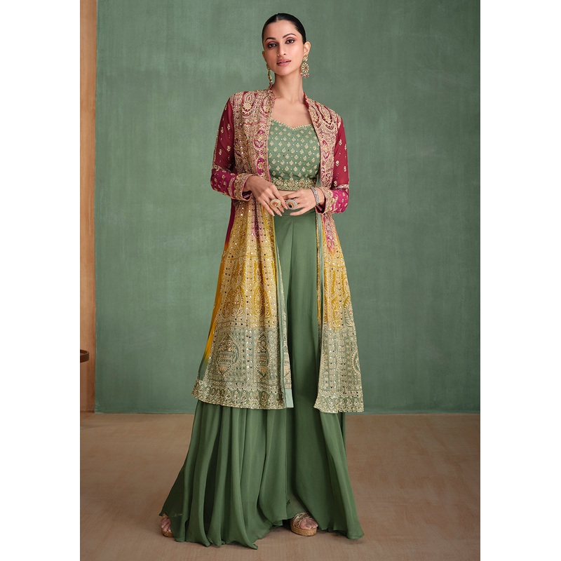 Georgette Pink & Green Ombre Jacket Style Sharara Suit