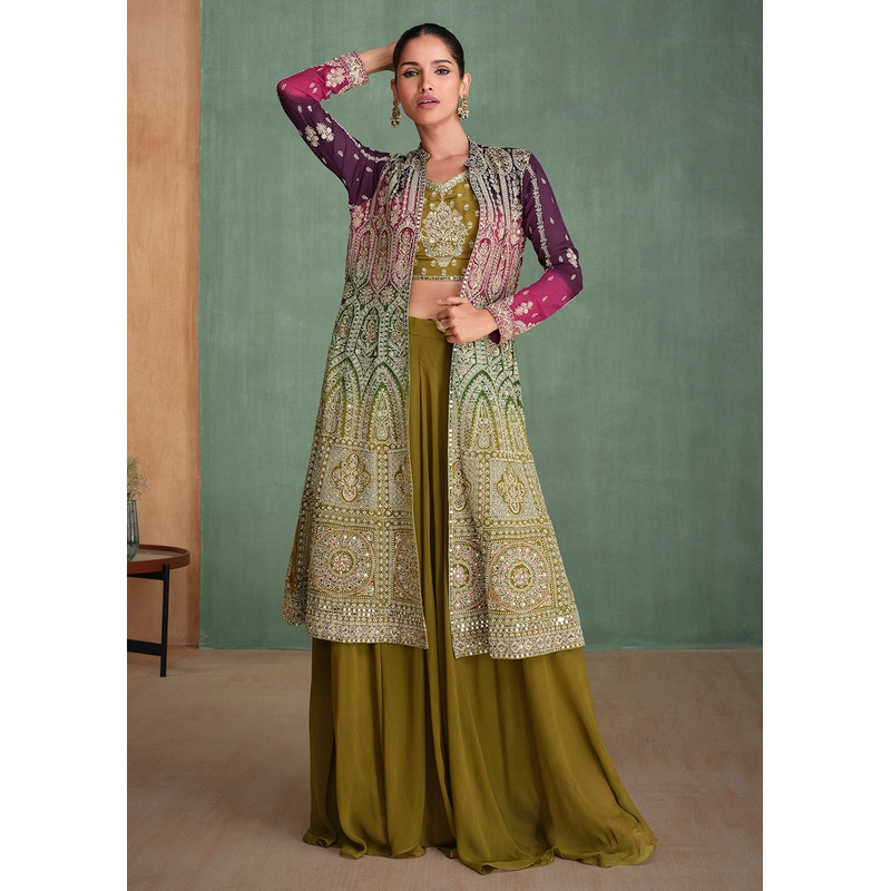 Georgette Purple & Olive Ombre Jacket Style Sharara Suit